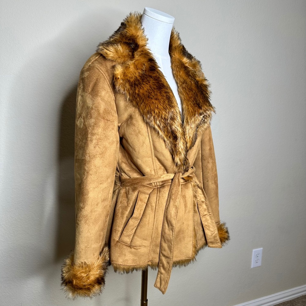 Route 66 Tan Faux Suede Shearling Penny Lane Coat Faux Fur Trim Medium - Picture 2 of 8
